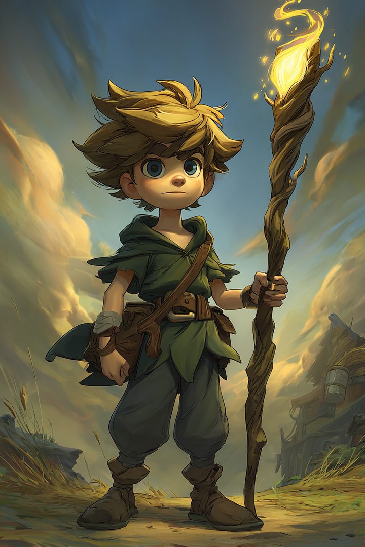 The cover of a finished Martym book: a painterly child hero holding a glowing torch at dusk.